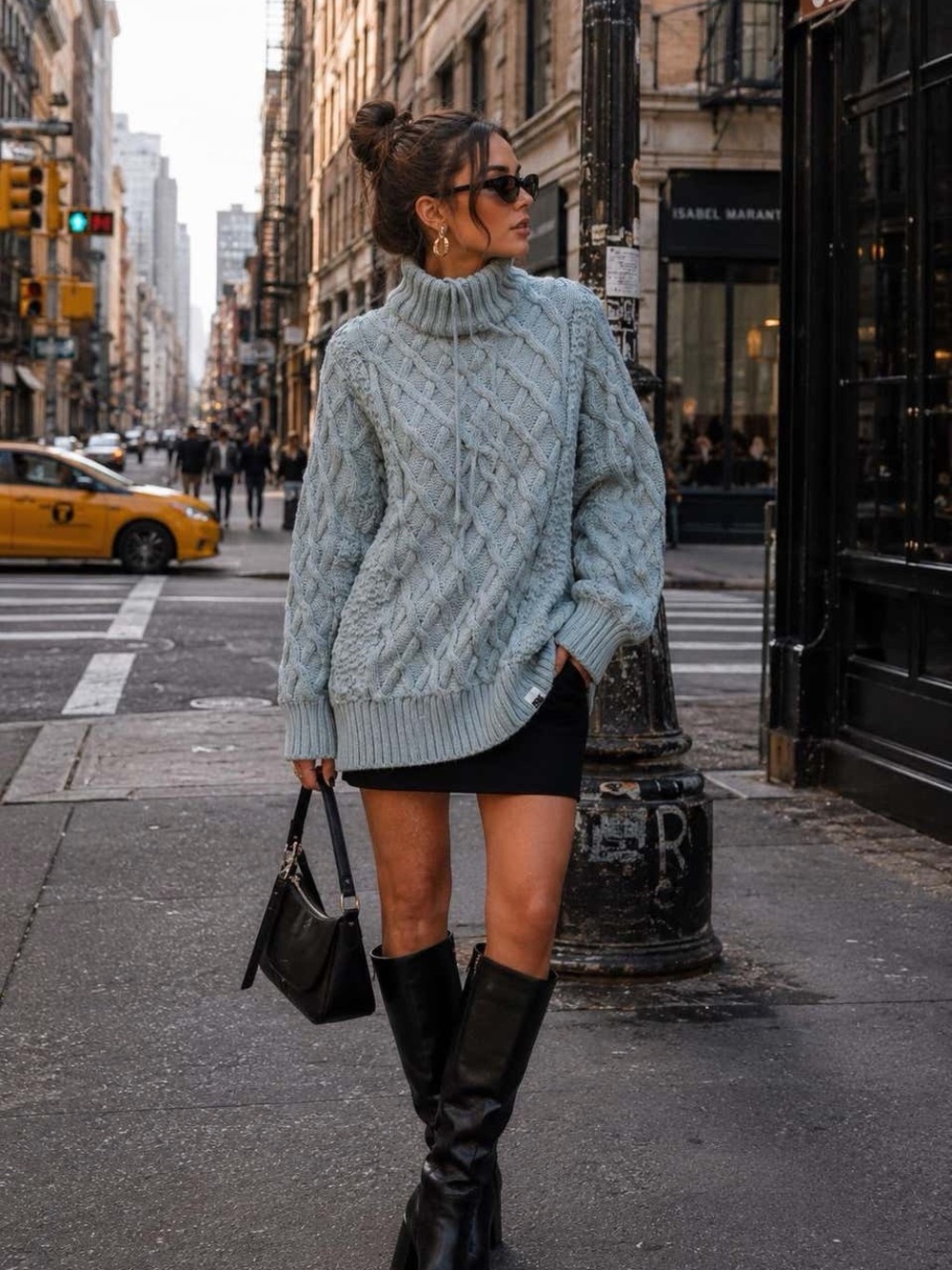 Unisex Oversized Light Blue Cable Knit Turtleneck Sweater